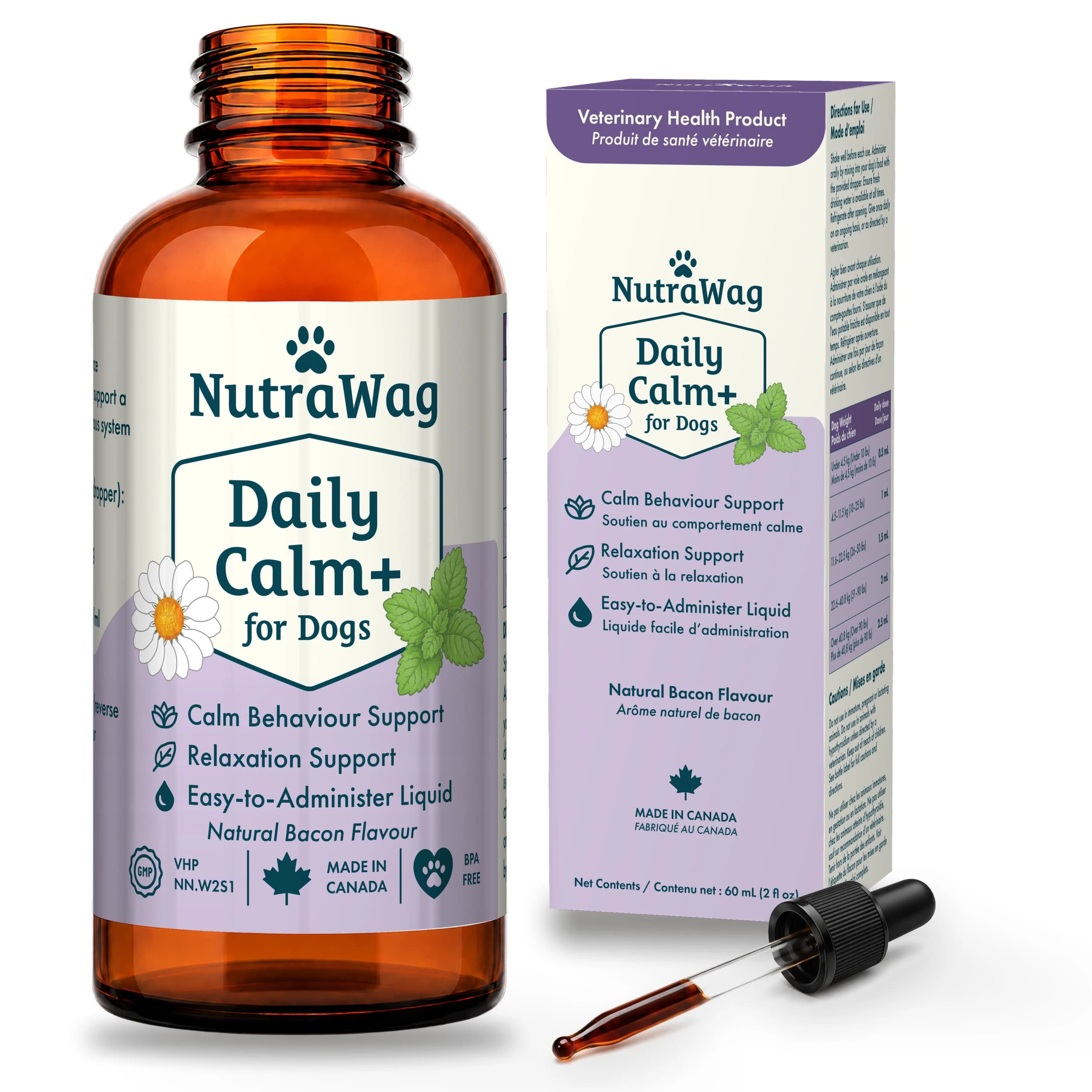 Daily Calm+ for Dogs — 60 mL bottle, carton and dropper