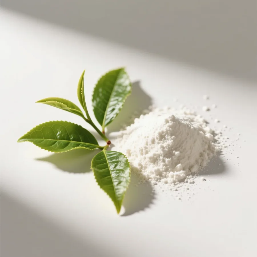 L-Theanine powder beside green tea leaves