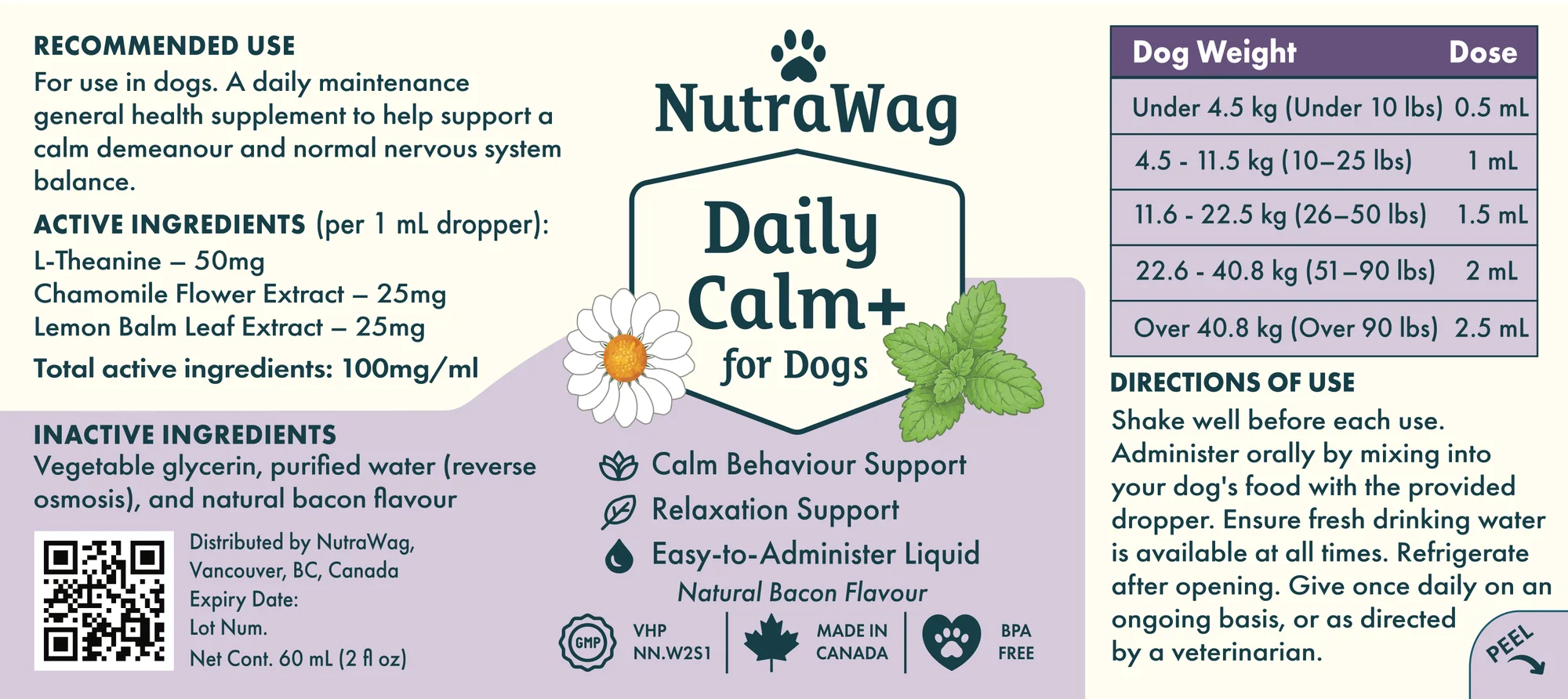 The Daily Calm+ for Dogs bottle label, flat, as printed