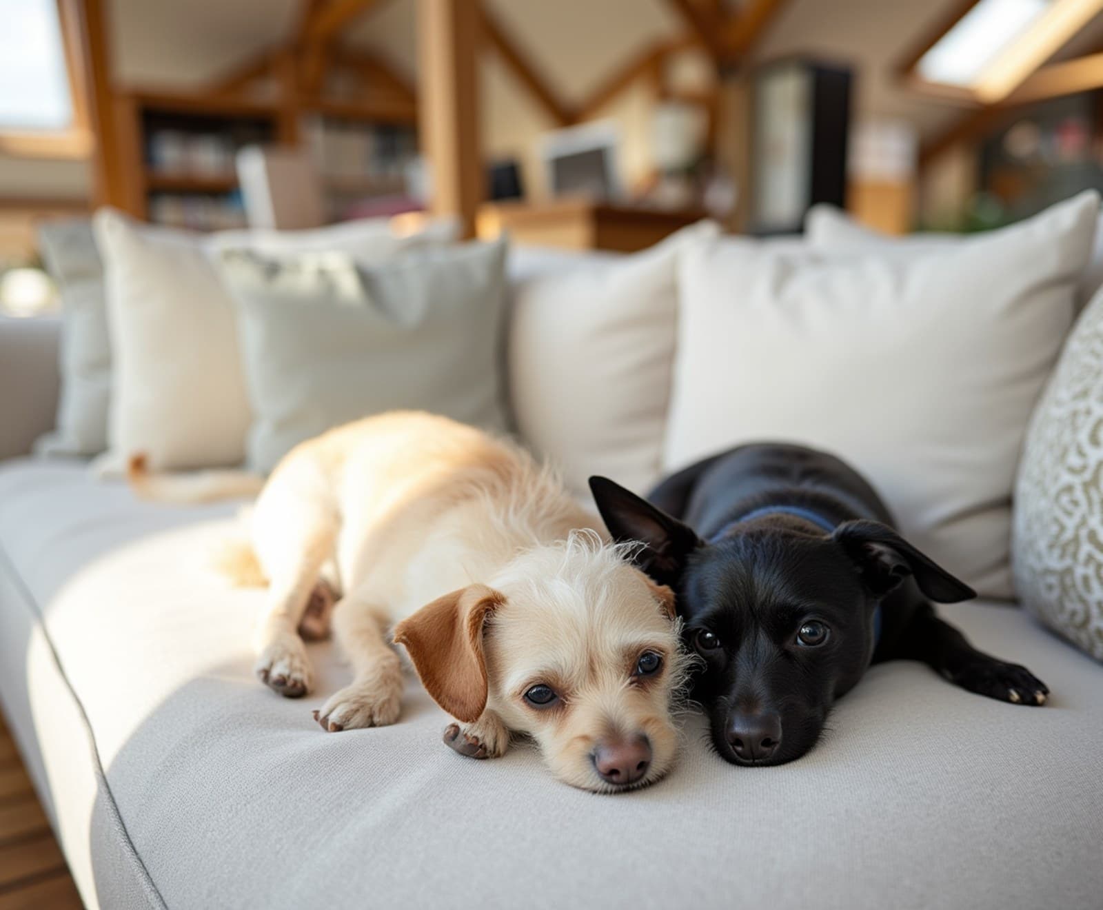 Two dogs relaxing together on a sofa at home