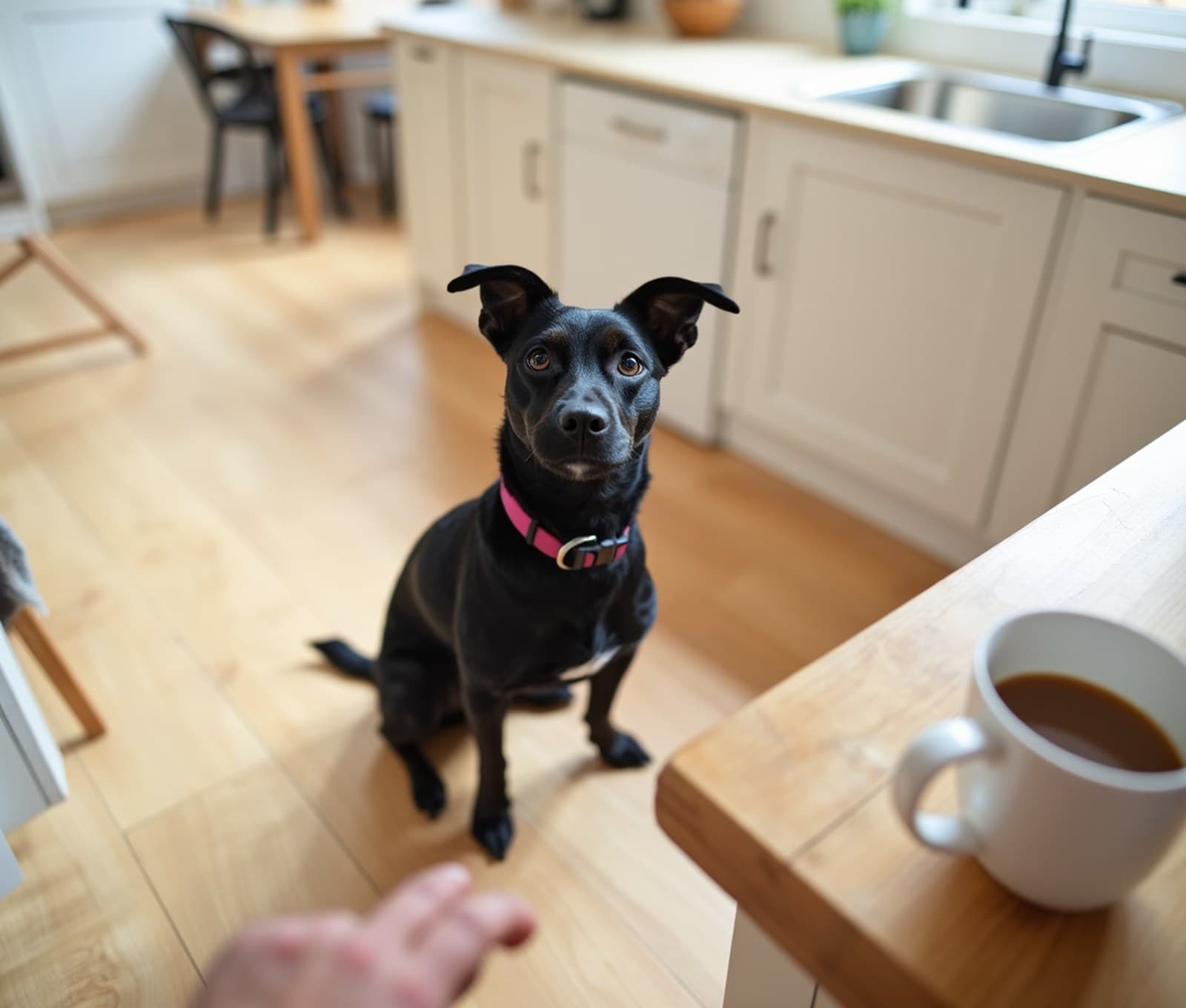 A dog in a Canadian kitchen, part of the morning routine alongside coffee