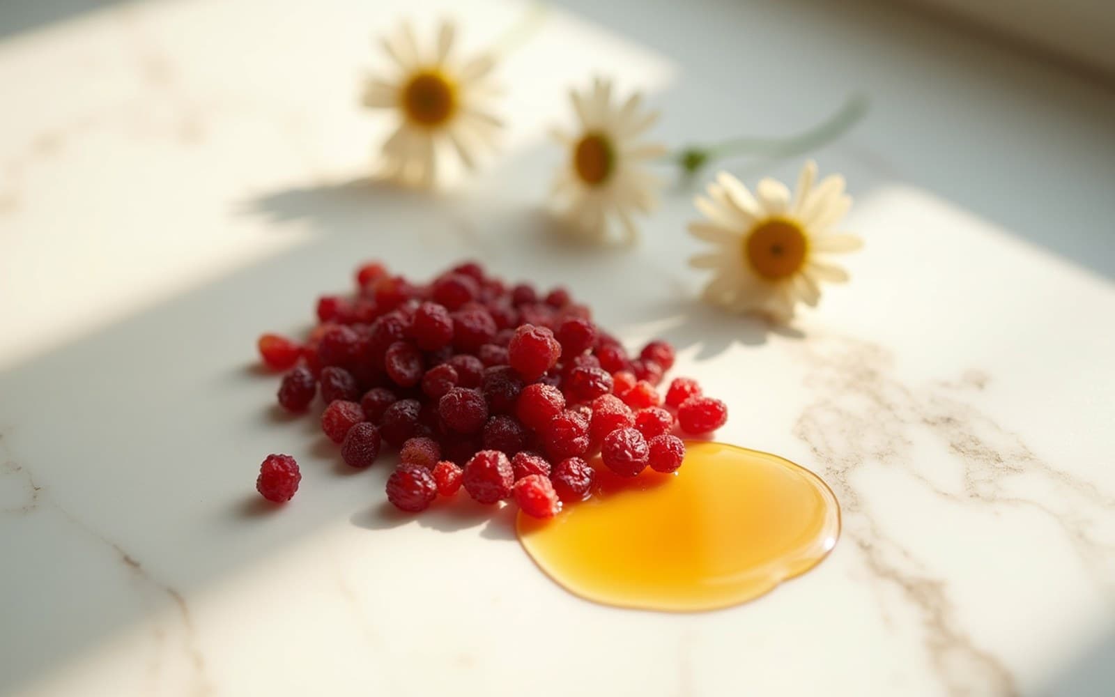 Close-up of cranberry, chamomile and herbal tincture, the ingredients behind the formula