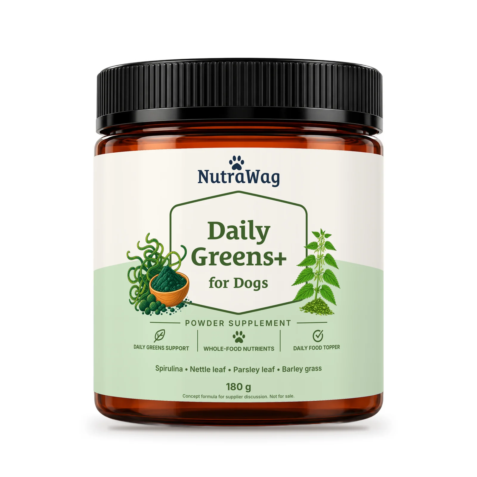 Daily Greens+ for Dogs 180 g jar, front