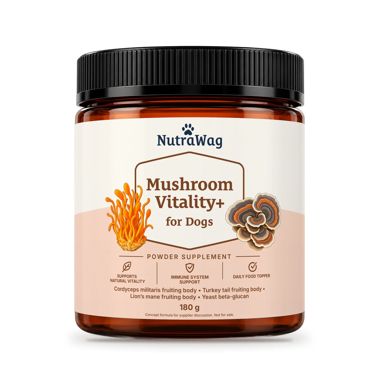 Mushroom Vitality+ for Dogs 180 g jar, front