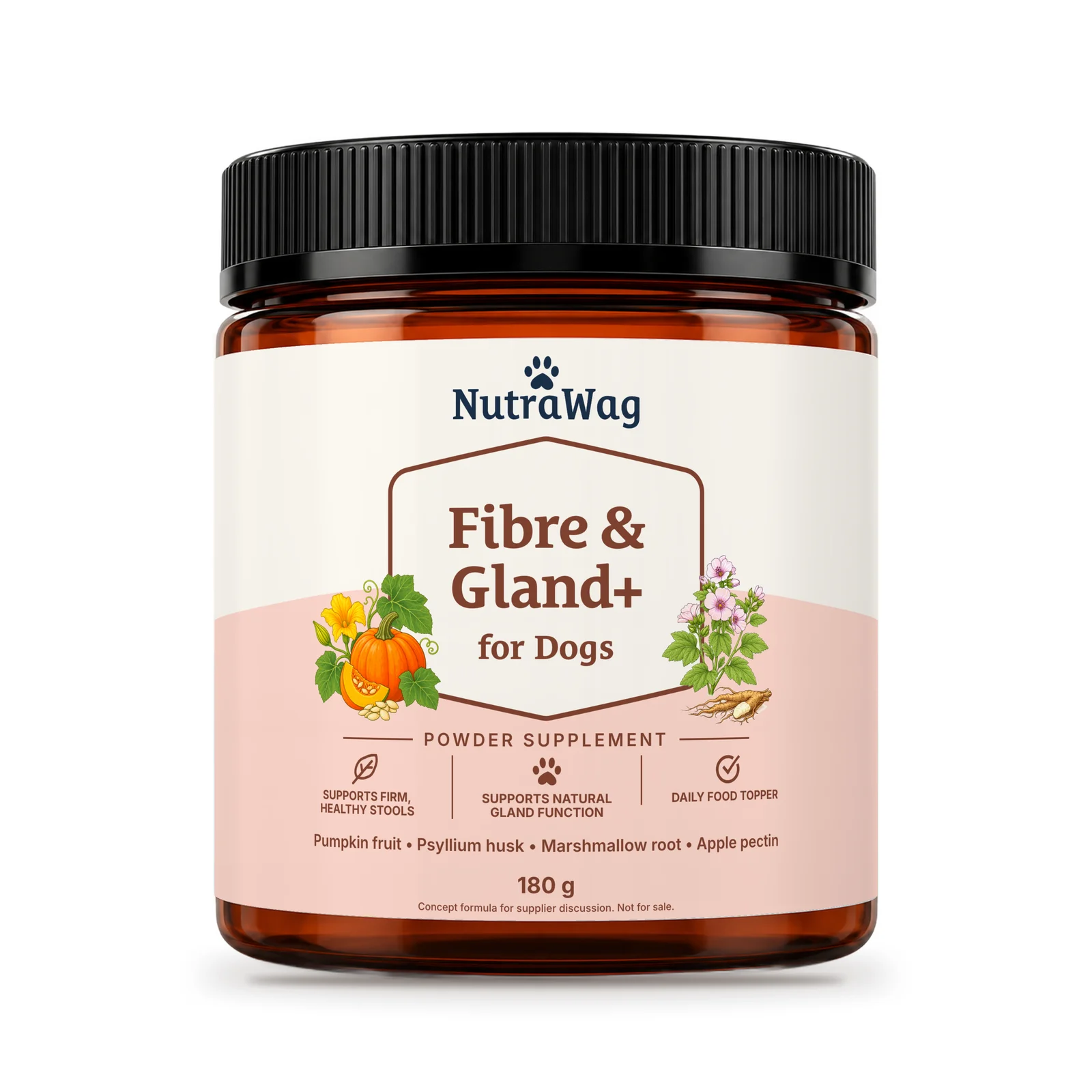 Fibre & Gland+ for Dogs 180 g jar, front