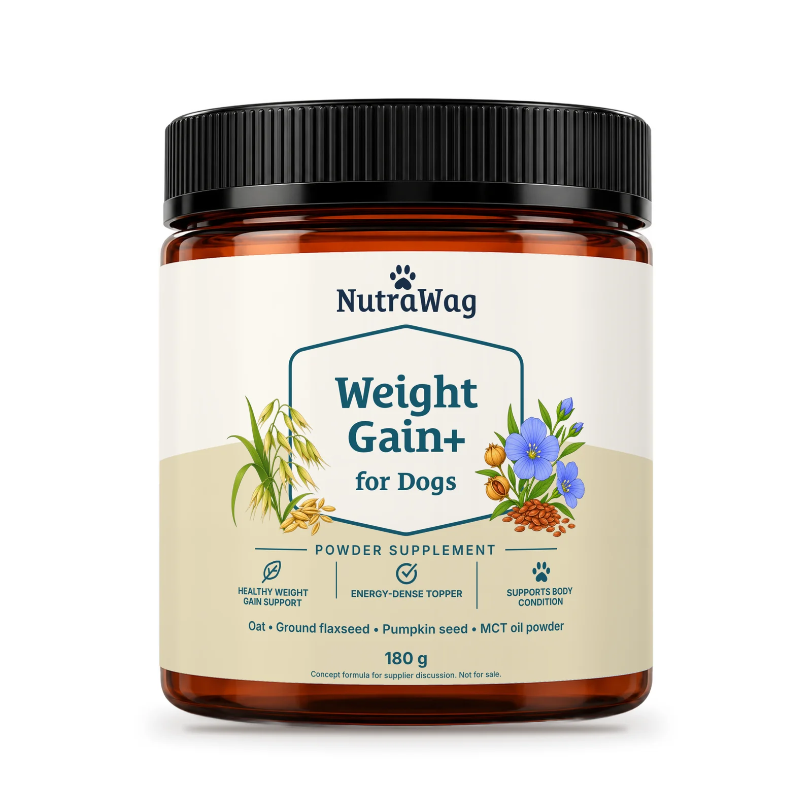 Weight Gain+ for Dogs 180 g jar, front