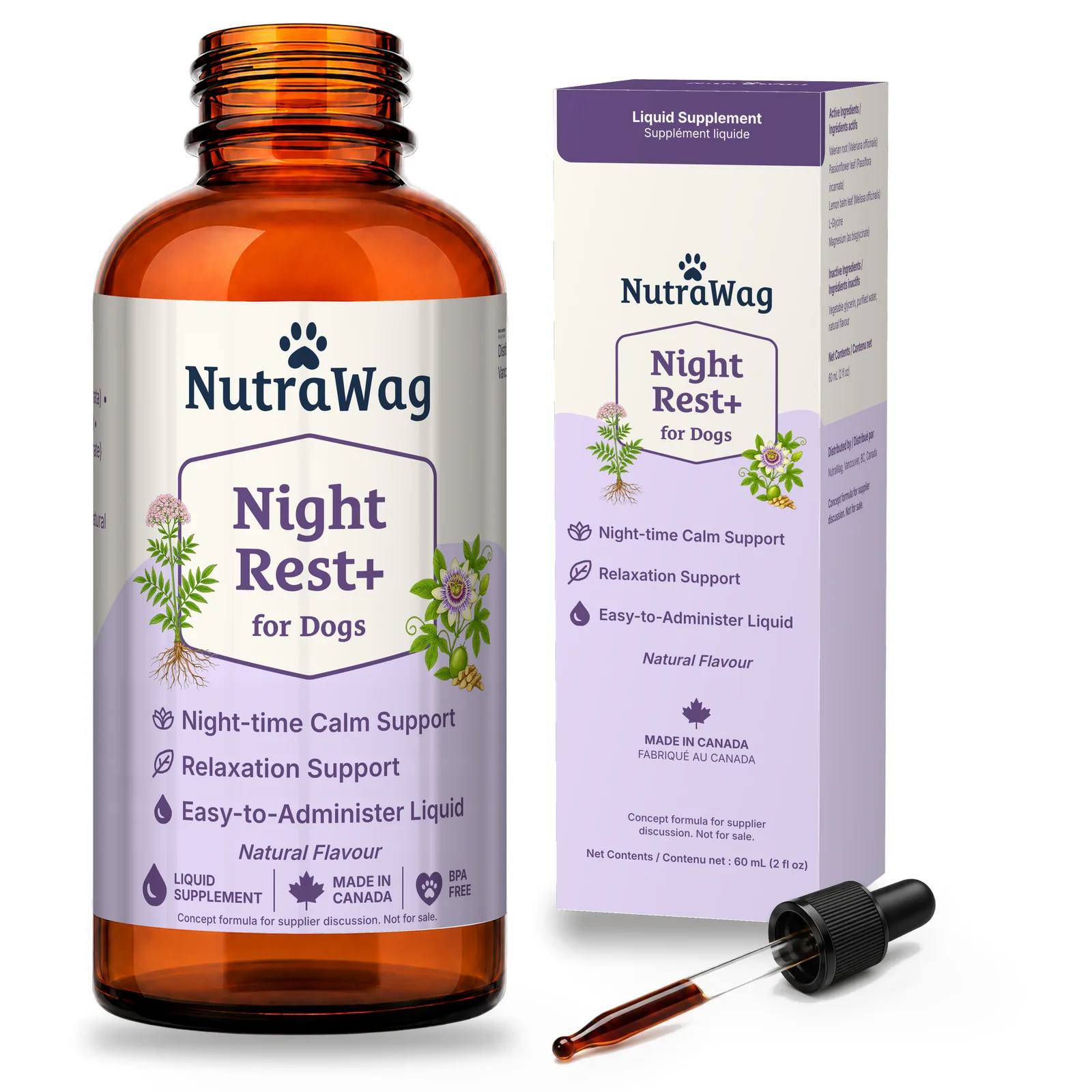 Night Rest+ for Dogs 60 mL bottle, dropper and carton