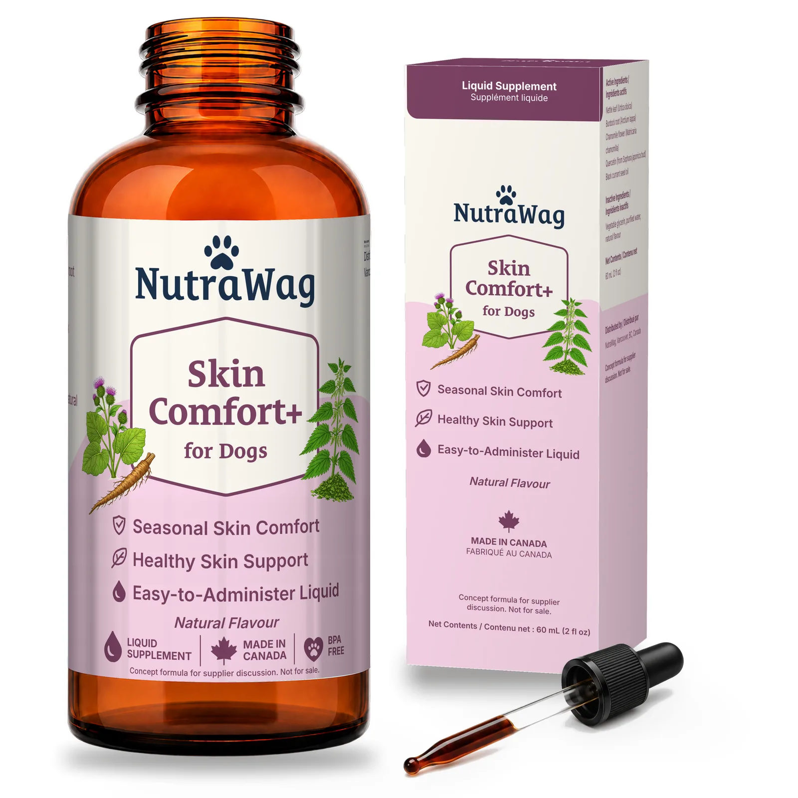 Skin Comfort+ for Dogs 60 mL bottle, dropper and carton