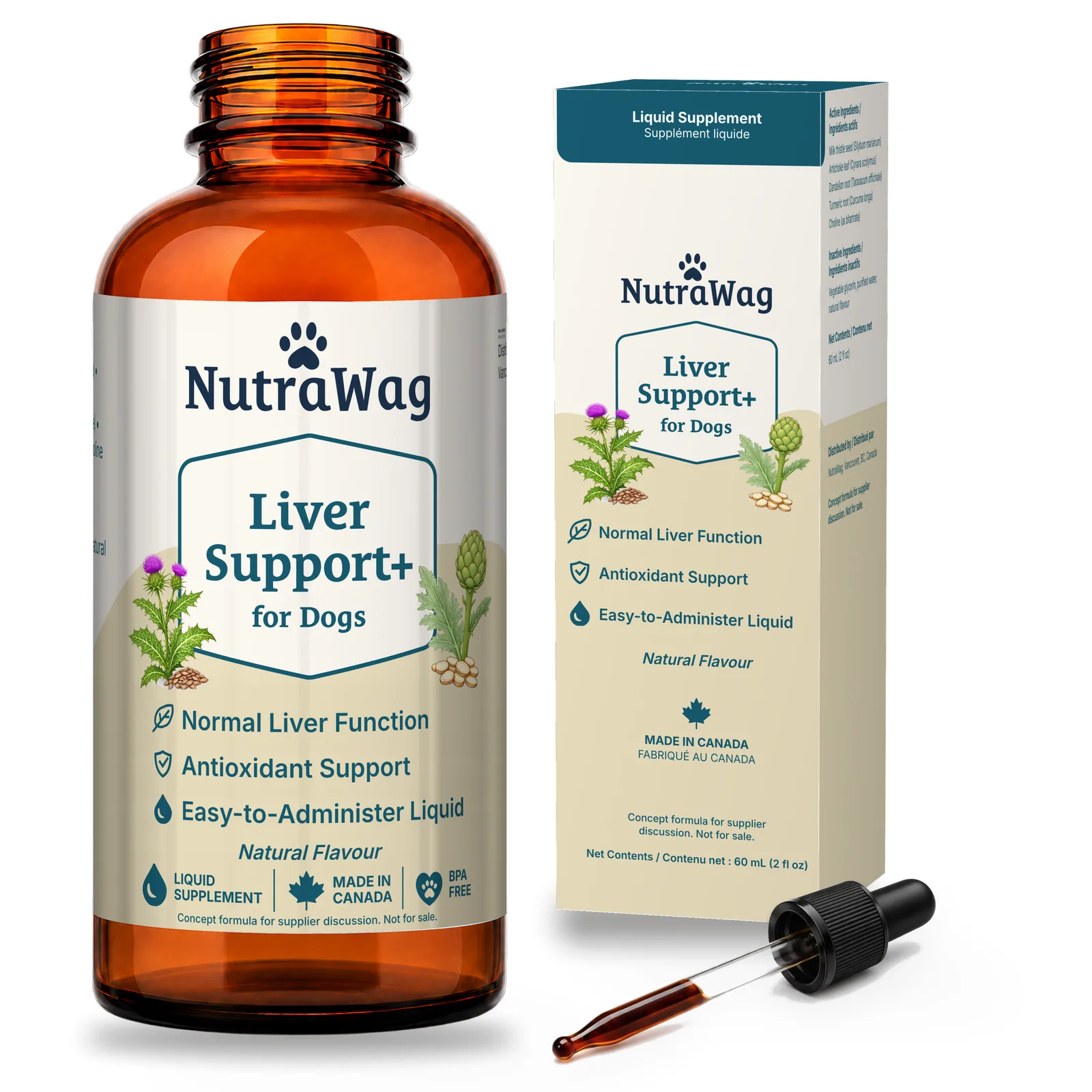 Liver Support+ for Dogs 60 mL bottle, dropper and carton