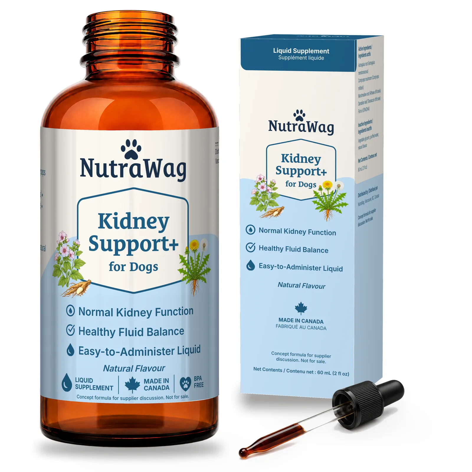 Kidney Support+ for Dogs 60 mL bottle, dropper and carton