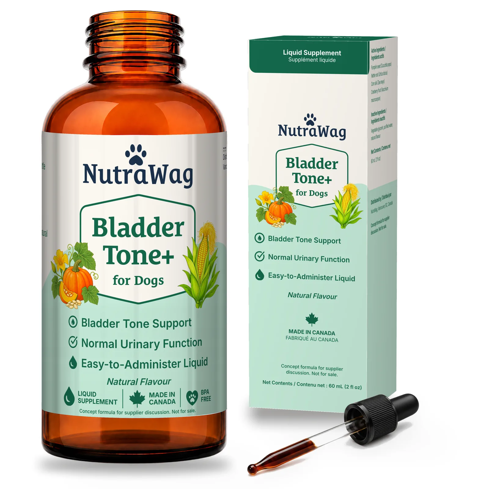 Bladder Tone+ for Dogs 60 mL bottle, dropper and carton