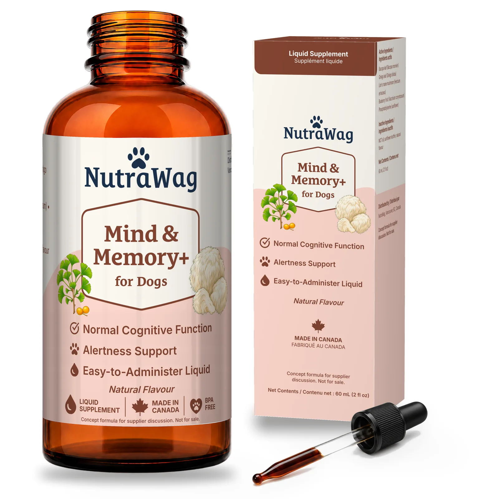 Mind & Memory+ for Dogs 60 mL bottle, dropper and carton