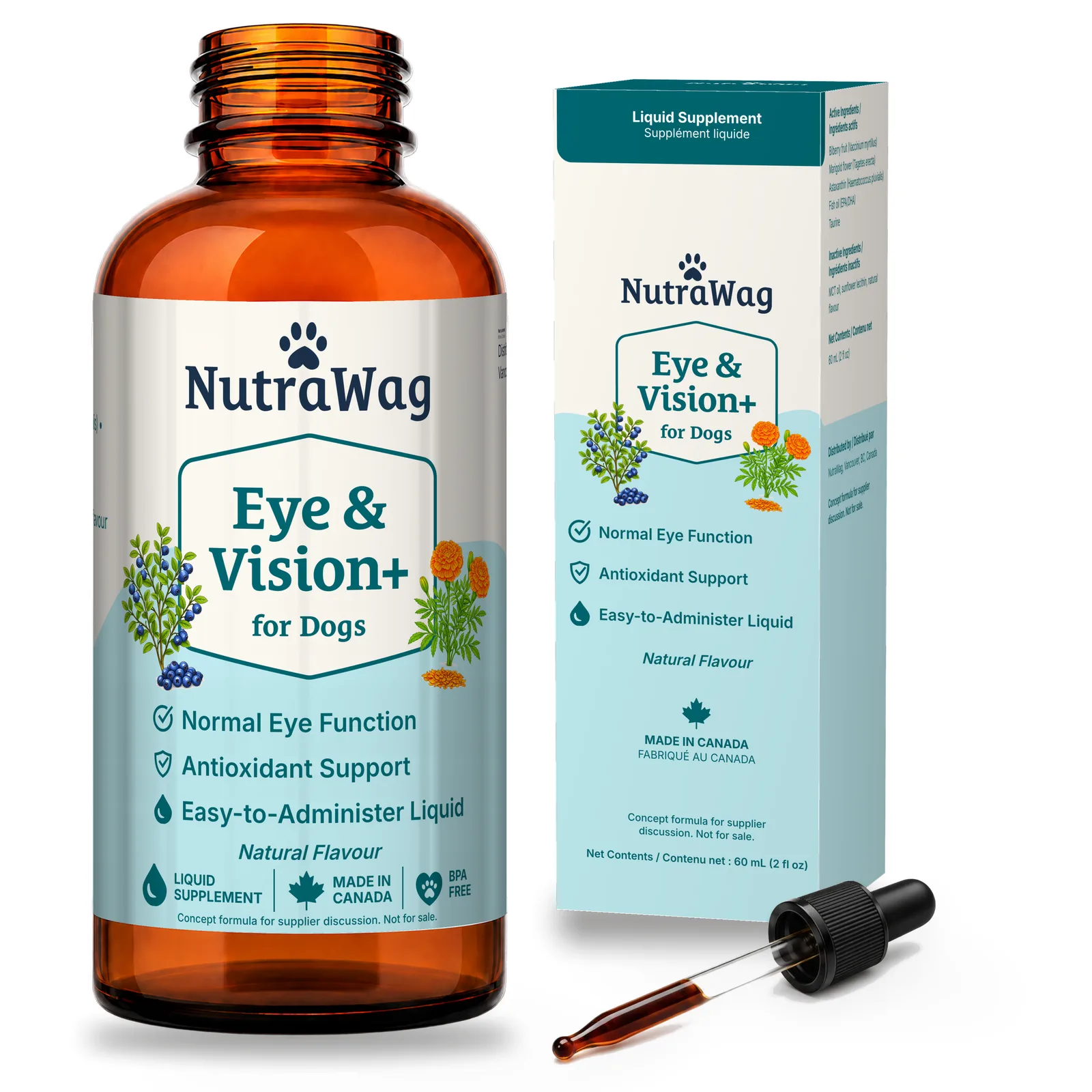 Eye & Vision+ for Dogs 60 mL bottle, dropper and carton