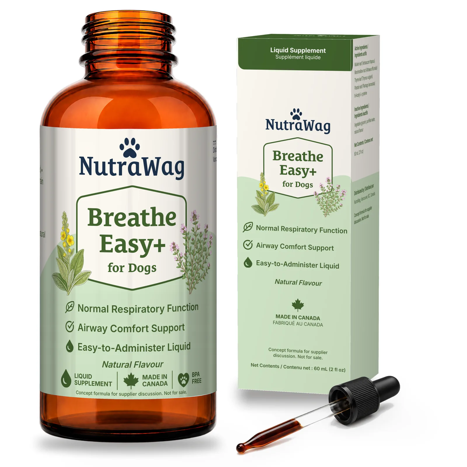 Breathe Easy+ for Dogs 60 mL bottle, dropper and carton
