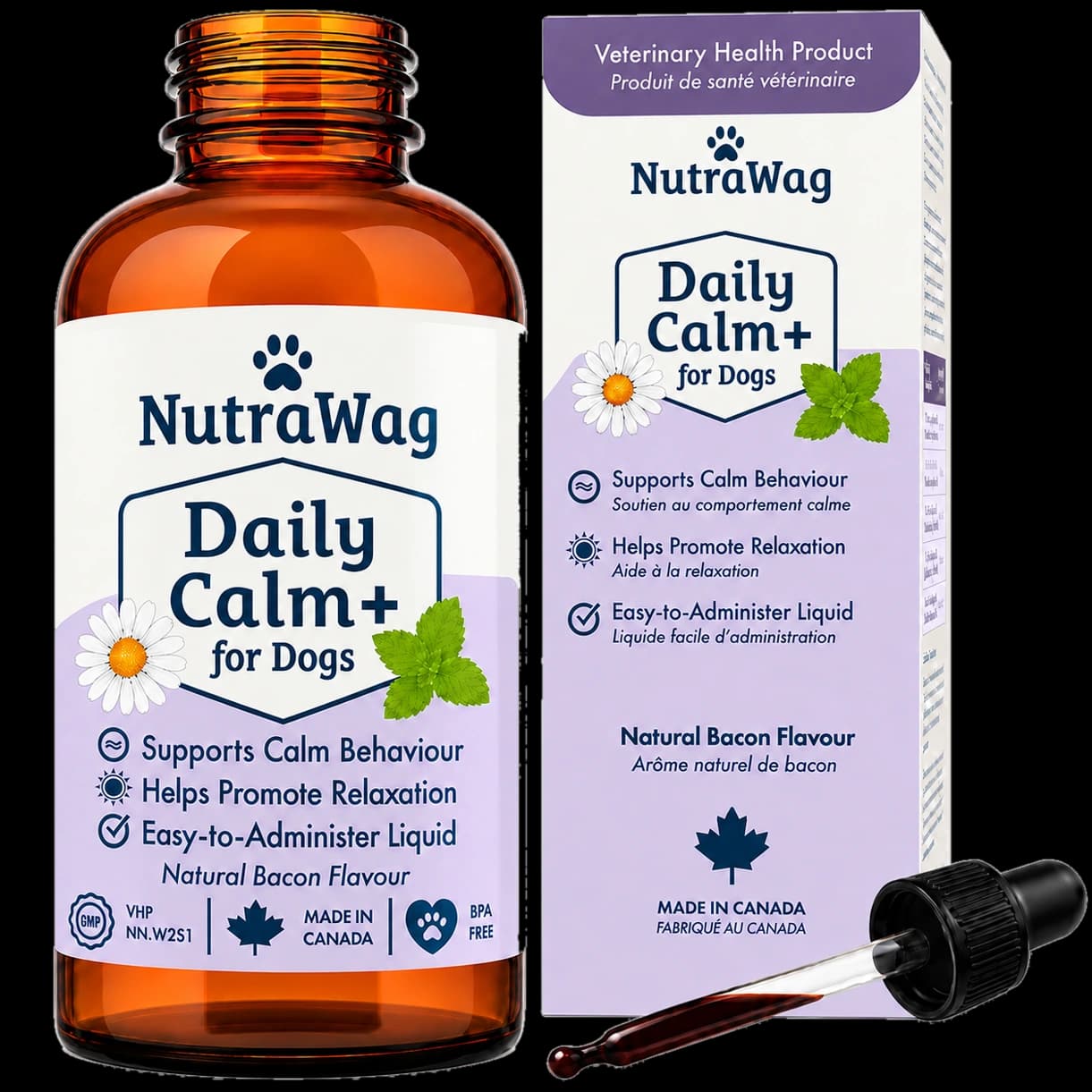 Daily Calm+ for Dogs 60 mL bottle, box and dropper