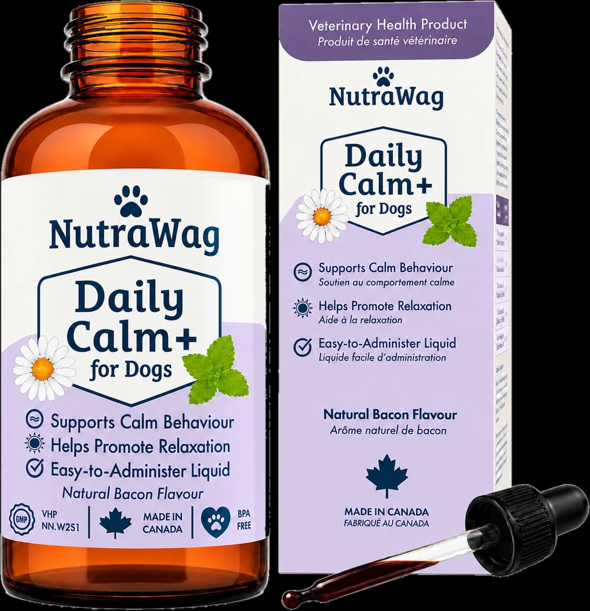 Daily Calm+ for Dogs 60 mL bottle, box and dropper