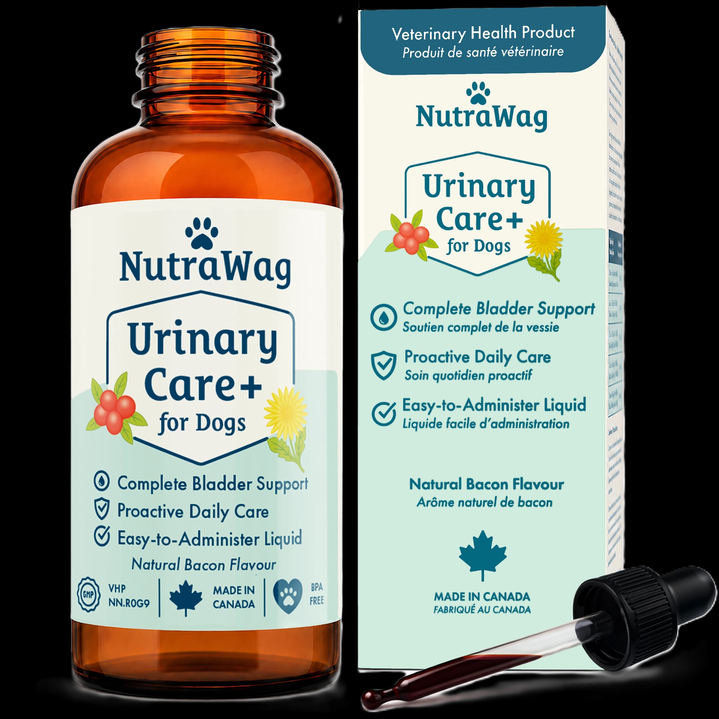 Urinary Care+ for Dogs 60 mL bottle, box and dropper