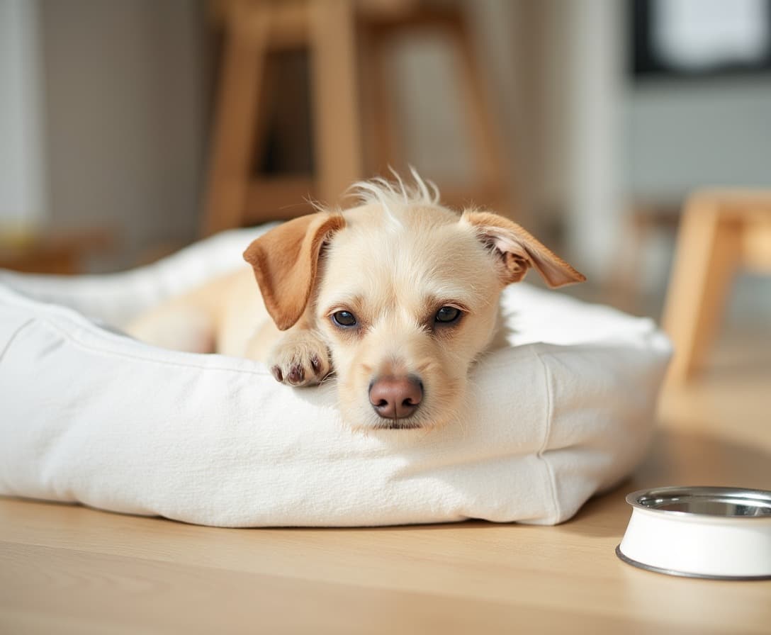 A small cream terrier mix resting on a linen dog bed in a sunlit kitchen