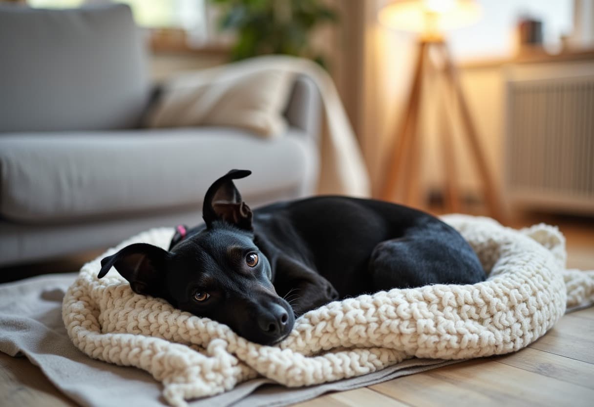 A small black dog curled up on a cream knit blanket