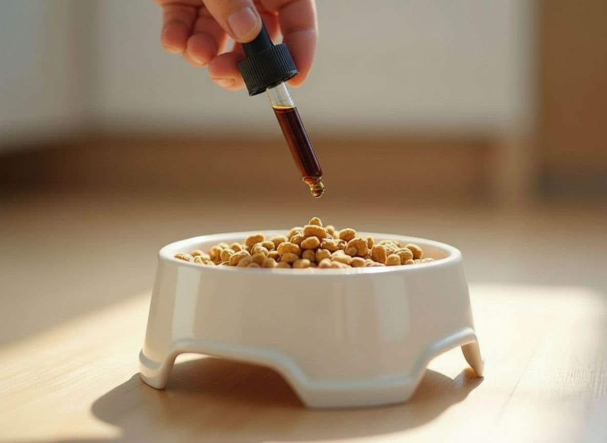 A dropper releasing a single drop over a bowl of kibble