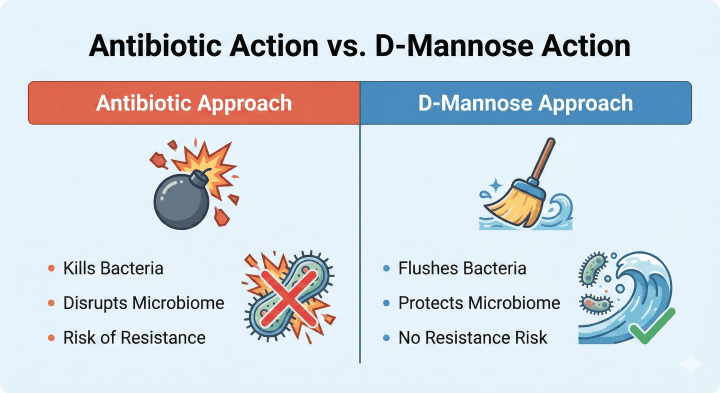Comparison chart highlighting the safety profile of D-Mannose versus antibiotics for urinary health. The left side illustrates the 'Antibiotic Approach' as a destructive force that kills bacteria but disrupts the microbiome and risks drug resistance. The right side illustrates the 'D-Mannose Approach' as a gentle mechanical flush that removes bacteria while preserving healthy flora.