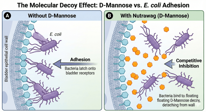 Scientific diagram illustrating the 'Decoy Effect' of D-Mannose. The left panel shows E. coli bacteria using fimbriae to latch onto the bladder wall. The right panel demonstrates competitive inhibition, where bacteria adhere to free-floating D-Mannose molecules instead, effectively detaching them from the lining so they can be flushed out.